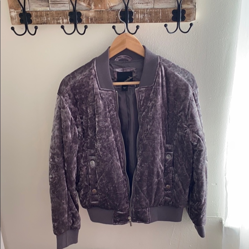 Crushed velour metallic grey bombers jacket.